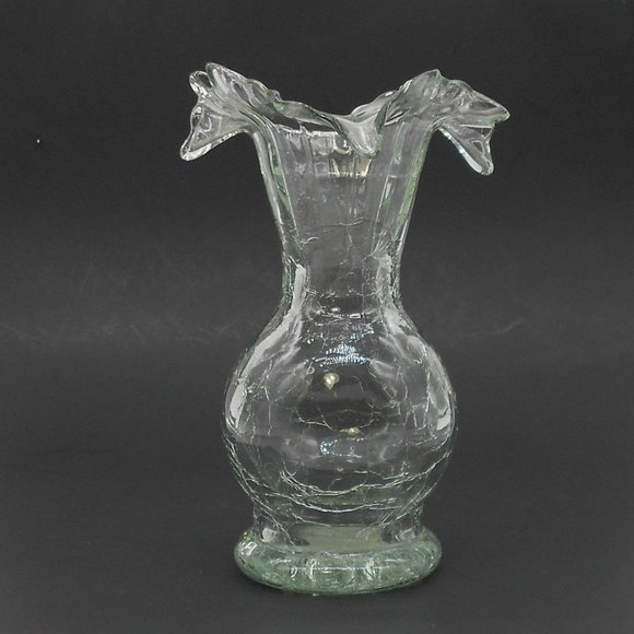 Vintage Smith"s Old Timer Clear Crackle Vase Ozark Art Glass 6.75" Ruffle Top Si - Picture 1 of 7